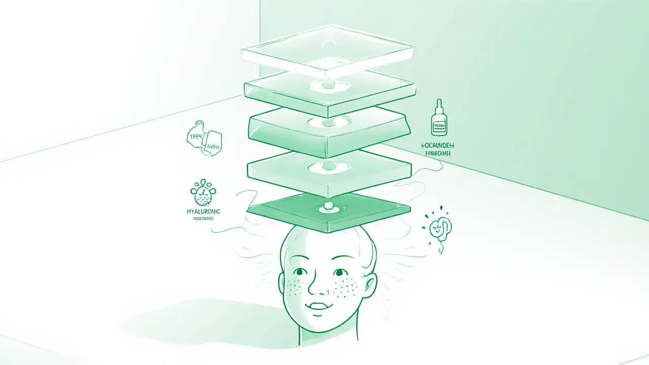 Пять слоёв ухода прозрачно накладываются на сияющее лицо, с символами активных ингредиентов.