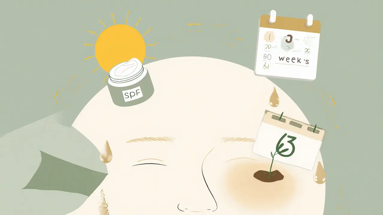 Сияющее лицо с утренним SPF и вечерним уходом, вокруг — символы регулярности и роста.