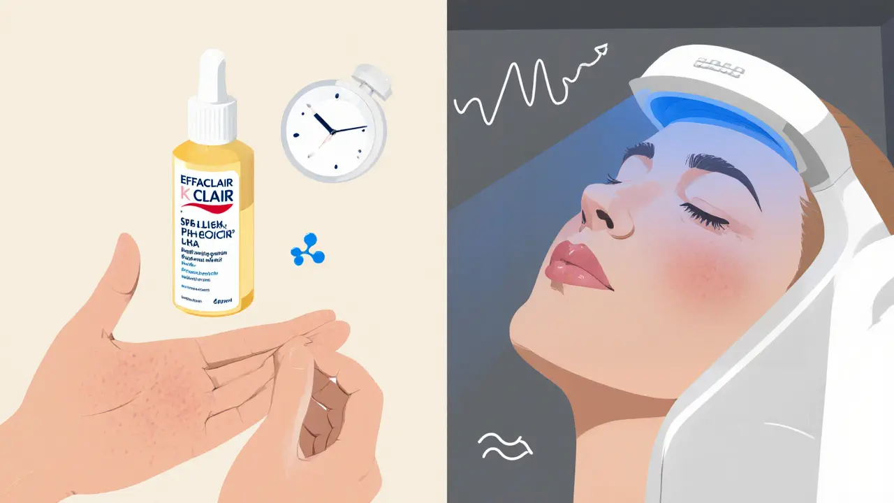 Иллюстрация домашнего ухода и профессиональной фототерапии с символами эффективности и времени.