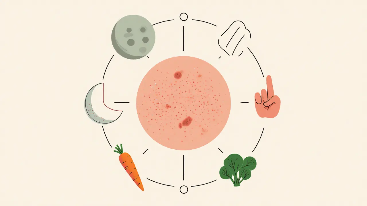 Круговая схема образа жизни для борьбы с прыщами: сон, питание, стресс и запрет на трогание лица.