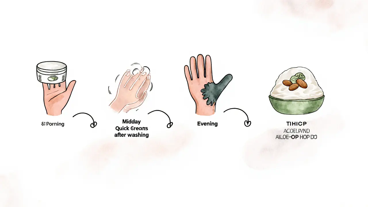 Недельный график ухода за руками: утро, после мытья, вечер и маска — все в минималистичных символах.