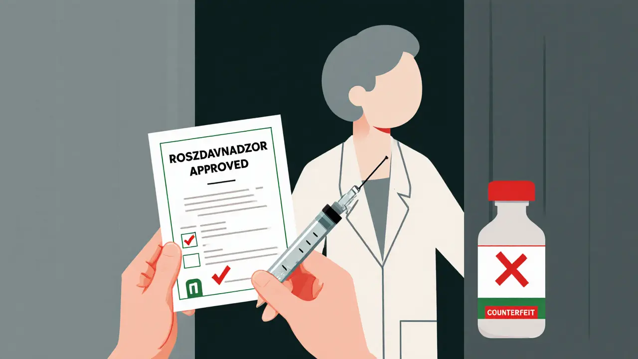 Рука с шприцом рядом с сертифицированным и поддельным филлером, с зеленым и красным значками безопасности.