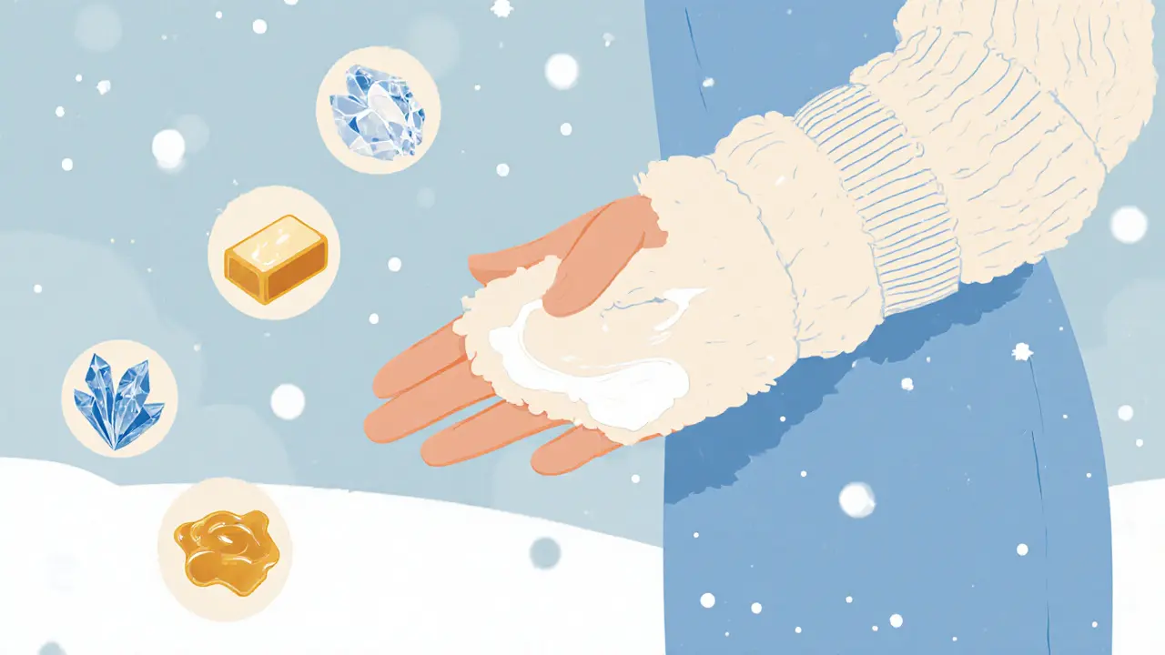 Женщина в хлопковых перчатках под шерстяными, защищает руки от мороза с помощью питательного крема.