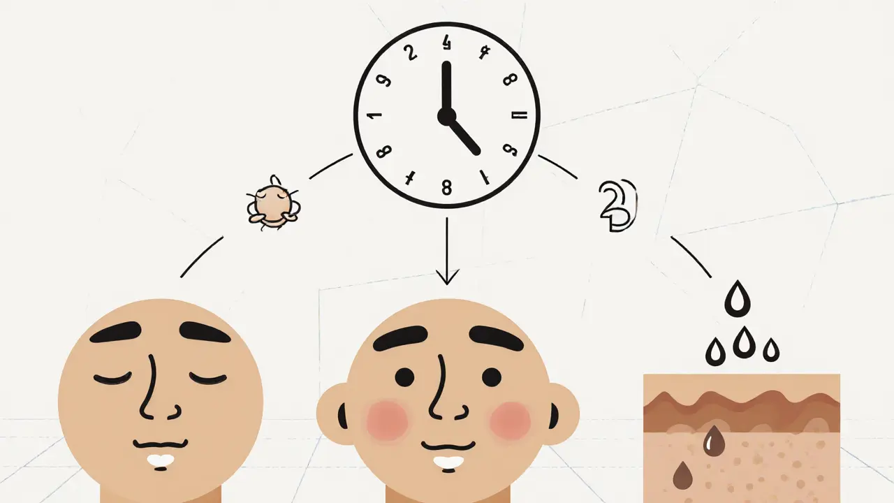 Часы с тремя сроками действия инъекций над зонами лица: лоб, щеки, кожа.