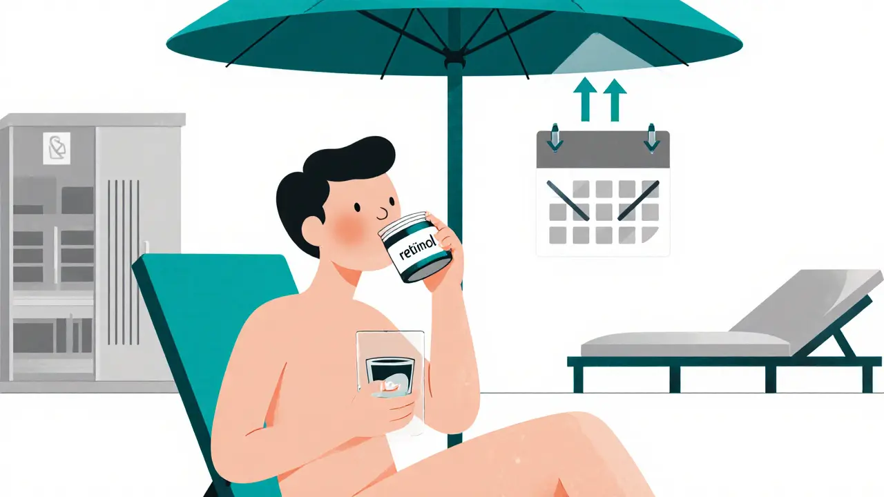 Человек у зонтика с уходом за кожей и отменой сауны и солярия.