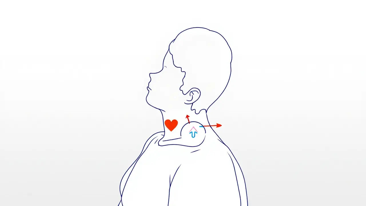 Человек выполняет упражнение для шеи: подбородок опущен к груди, стрелки показывают медленное движение, символизируя улучшение циркуляции.