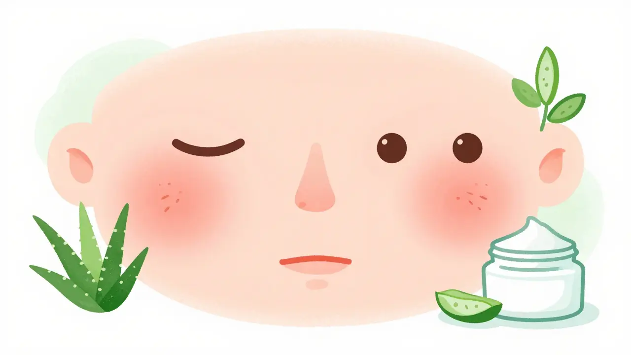 До и после воспаления на коже: снятый прыщ с успокаивающими элементами вокруг.