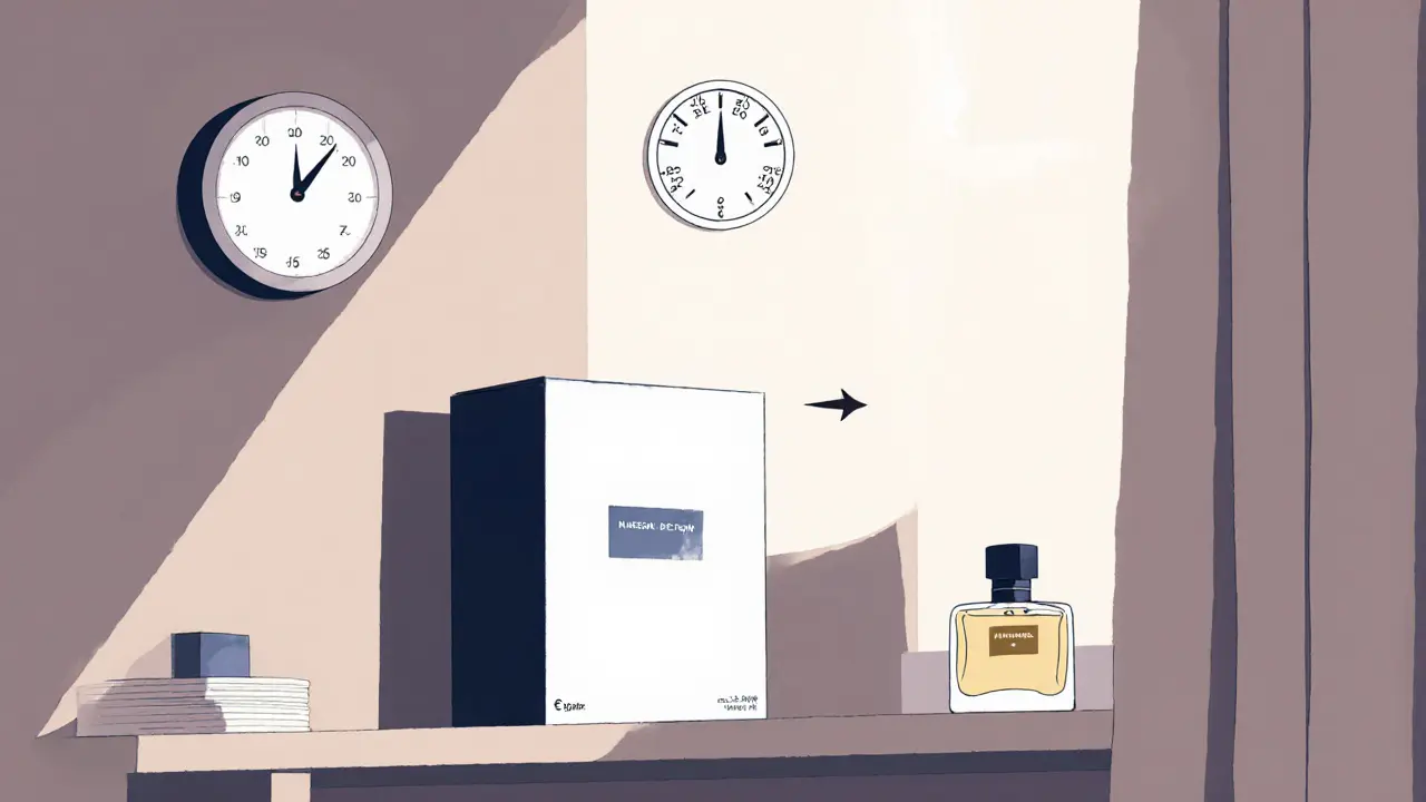 Флакон духов на полке при идеальной температуре и влажности, без света и вибраций.