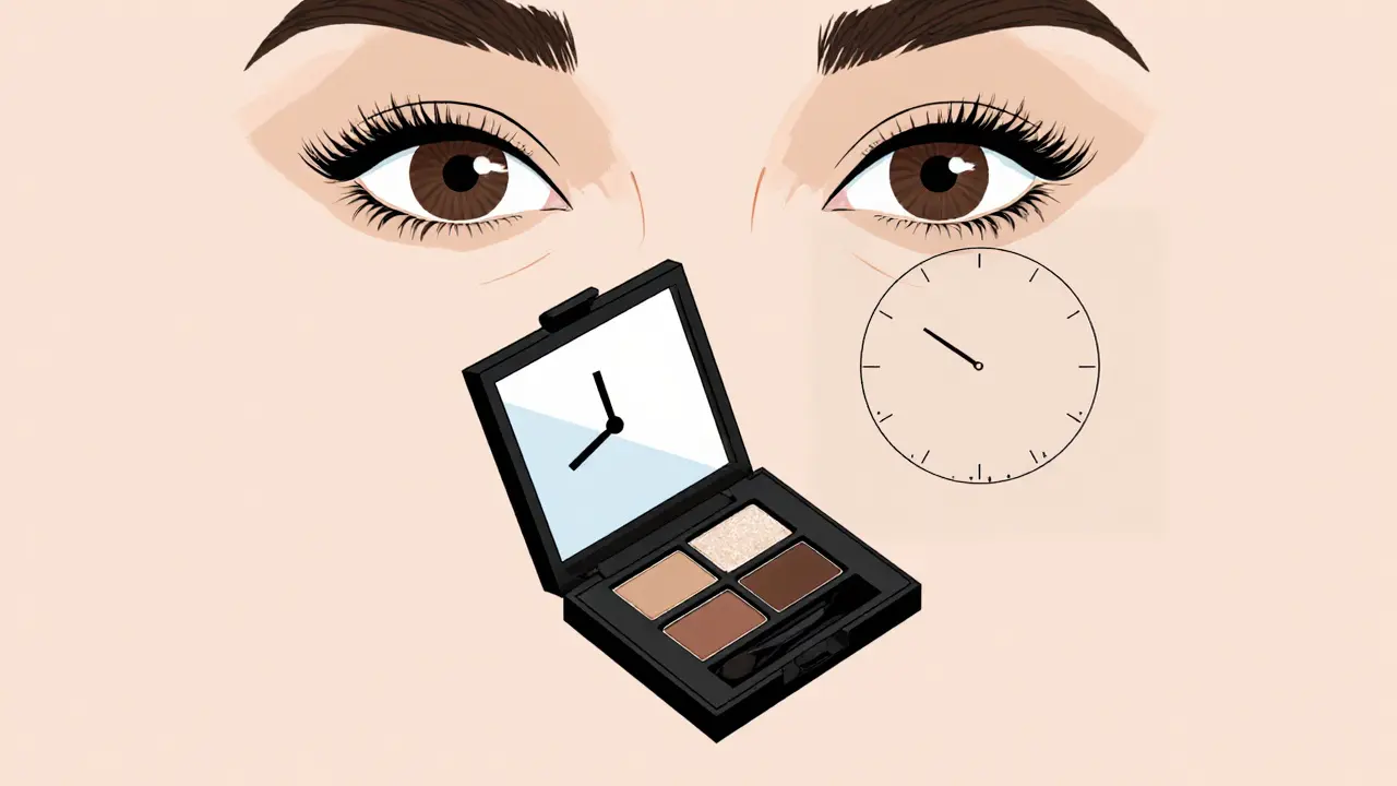 Компактная палитра с пятью в одном: база, тени и хайлайтер, открытая, с часами на 5:30 и глазами с идеальным градиентом.