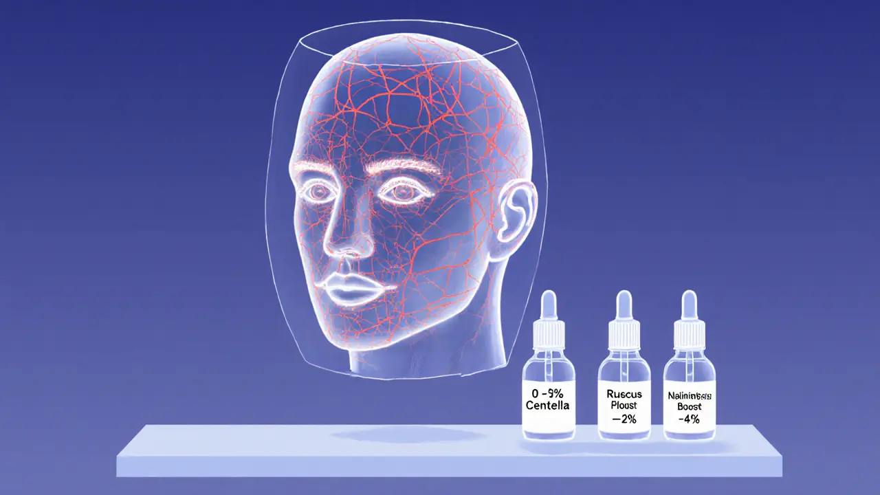 Прозрачное лицо с укреплёнными капиллярами, поддерживаемыми тремя активными ингредиентами в виде флаконов с указанием концентраций.