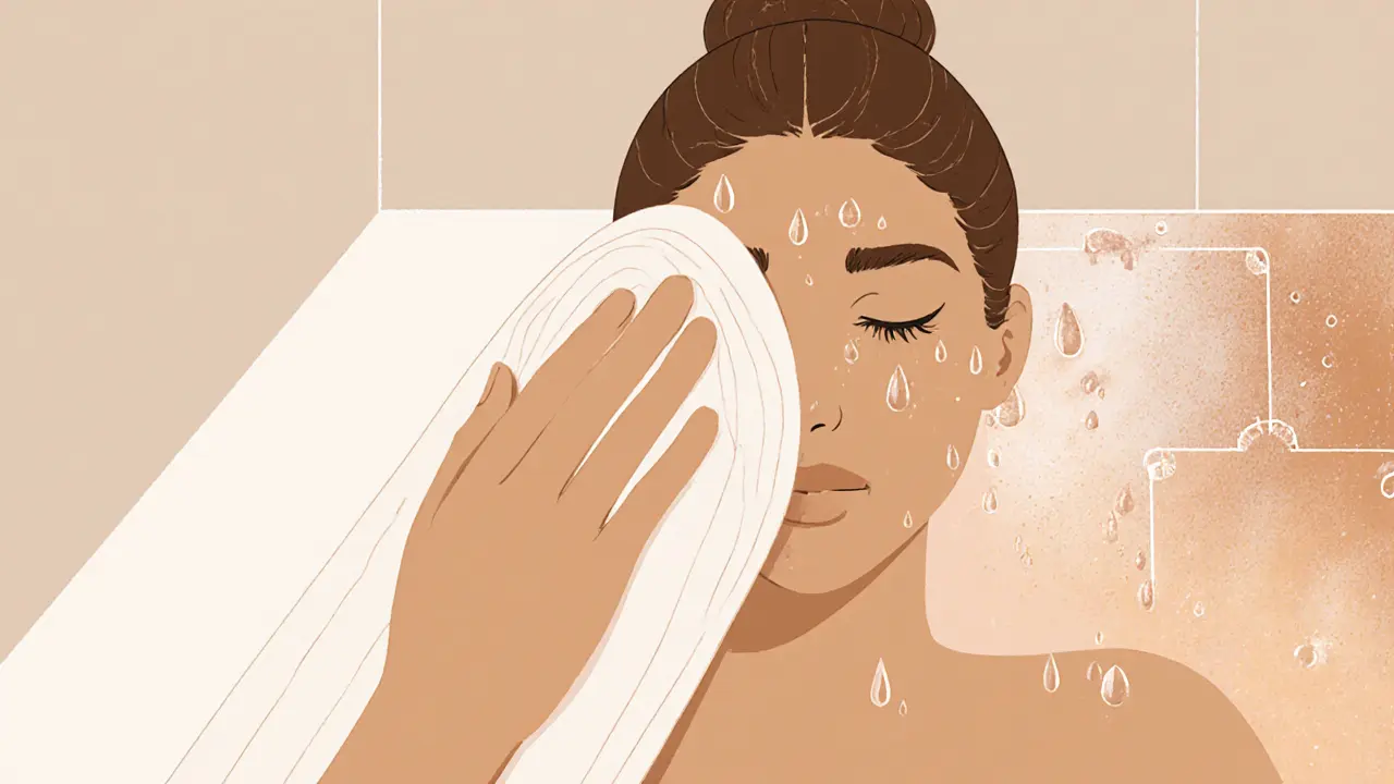 Рука аккуратно промокает лицо полотенцем, здоровая кожа светится, вода капает.