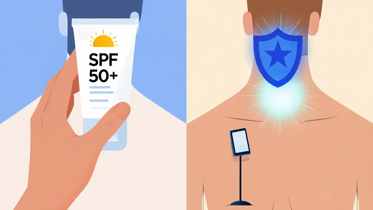 Сравнение: нанесение крема с защитой от синего света на шею и защитный барьер, телефон на подставке на уровне глаз.