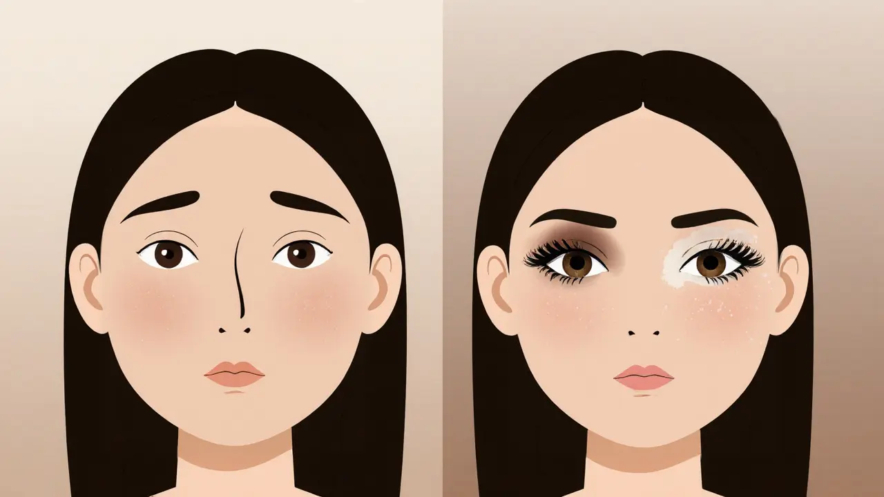 Сравнение уставшего взгляда и свежего с дневным смоки айс — мягкий градиент на веке, тушь, блеск во внутреннем углу.