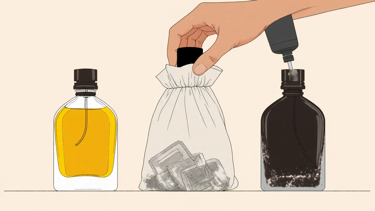 Три флакона духов: новый, стареющий и испорченный — процесс сохранения с вакуумным насосом.