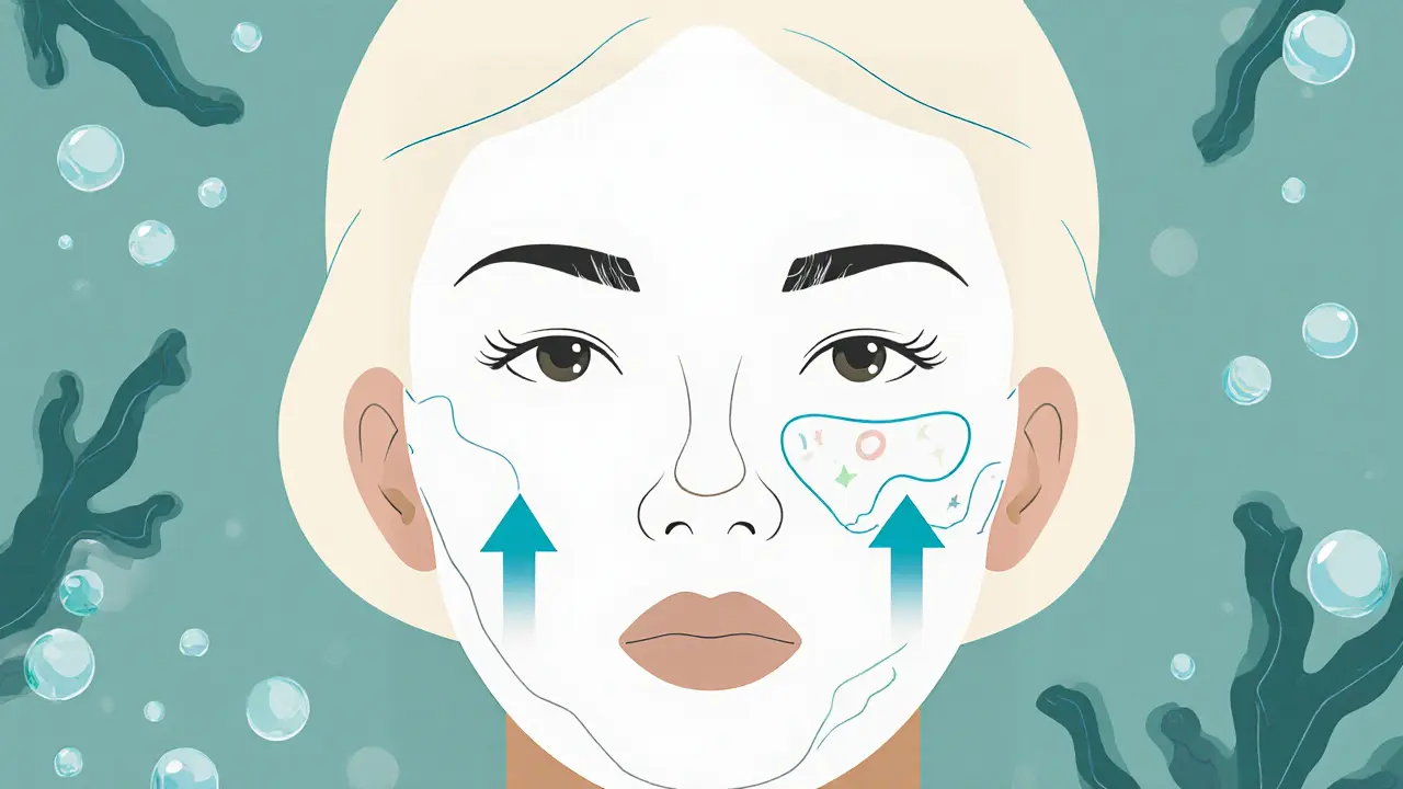 Альгинатная маска затвердевает на лице, создавая лифтинг-эффект, с поднимающимися стрелками.