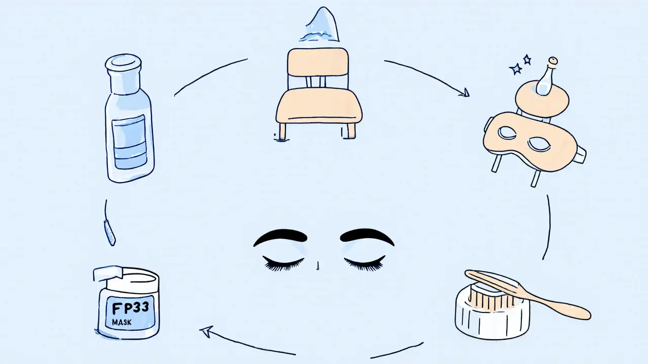 Ежедневный уход: вода, очищающее средство, капли и маска, расположены вокруг спокойных закрытых глаз.