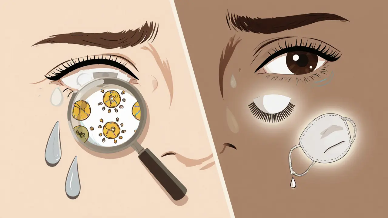 Сравнение раздраженных и здоровых век: слева — аллергены, справа — увлажняющие капли и маска.