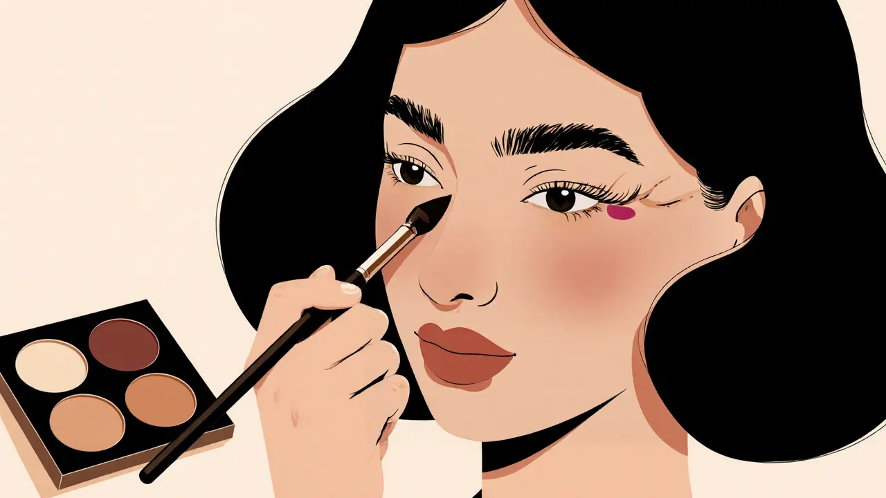 Макияж бровей помадой тонкой кистью, штрихи повторяют естественный рост волос.