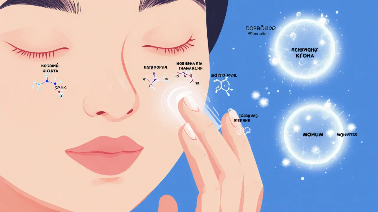 Рука наносит сыворотку с альтернативными увлажнителями и мягким свечением гликолей.