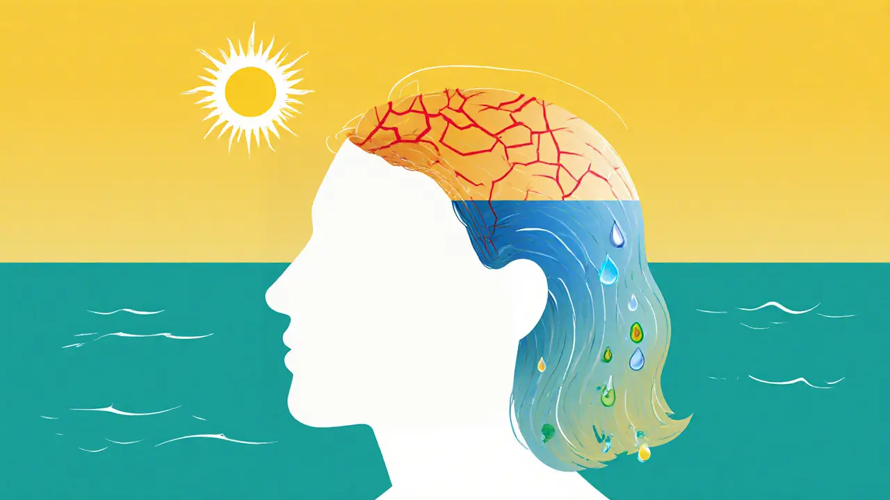 Силуэт головы с разными состояниями волос: поврежденные, защищенные и увлажненные.