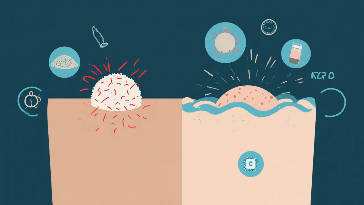 Сравнение: грубый скраб раздражает кожу, а ферменты мягко очищают поры.