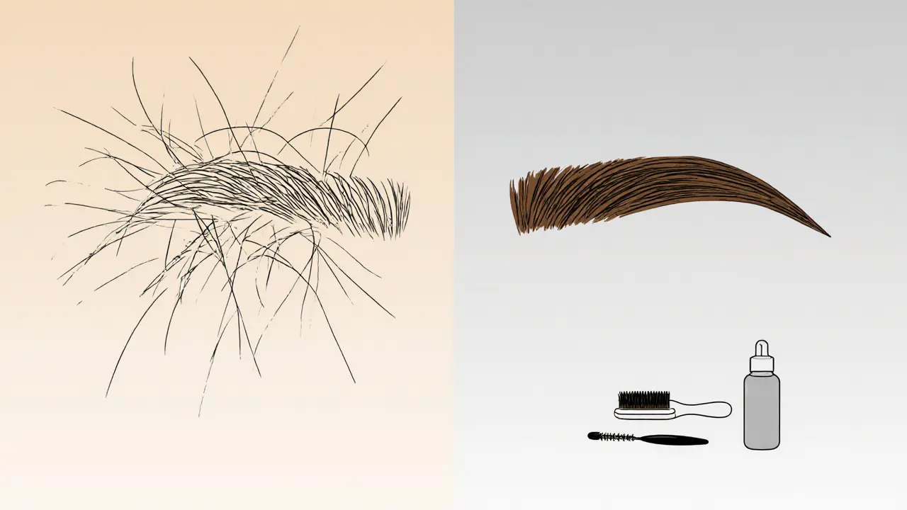 Сравнение хаотичных и ламинированных бровей — упорядоченные волоски выглядят гуще и ровнее.