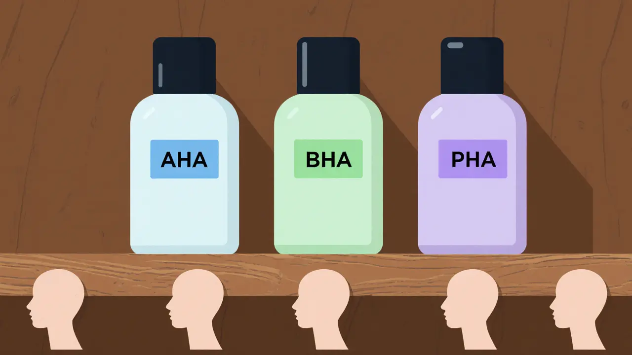 Три бутылочки с кислотами для разных типов кожи: сухой, жирной и чувствительной.