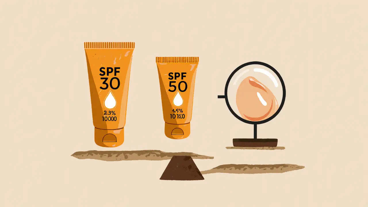 Три бутылочки с SPF 30, 50 и 100, показывающие минимальную разницу в защите.