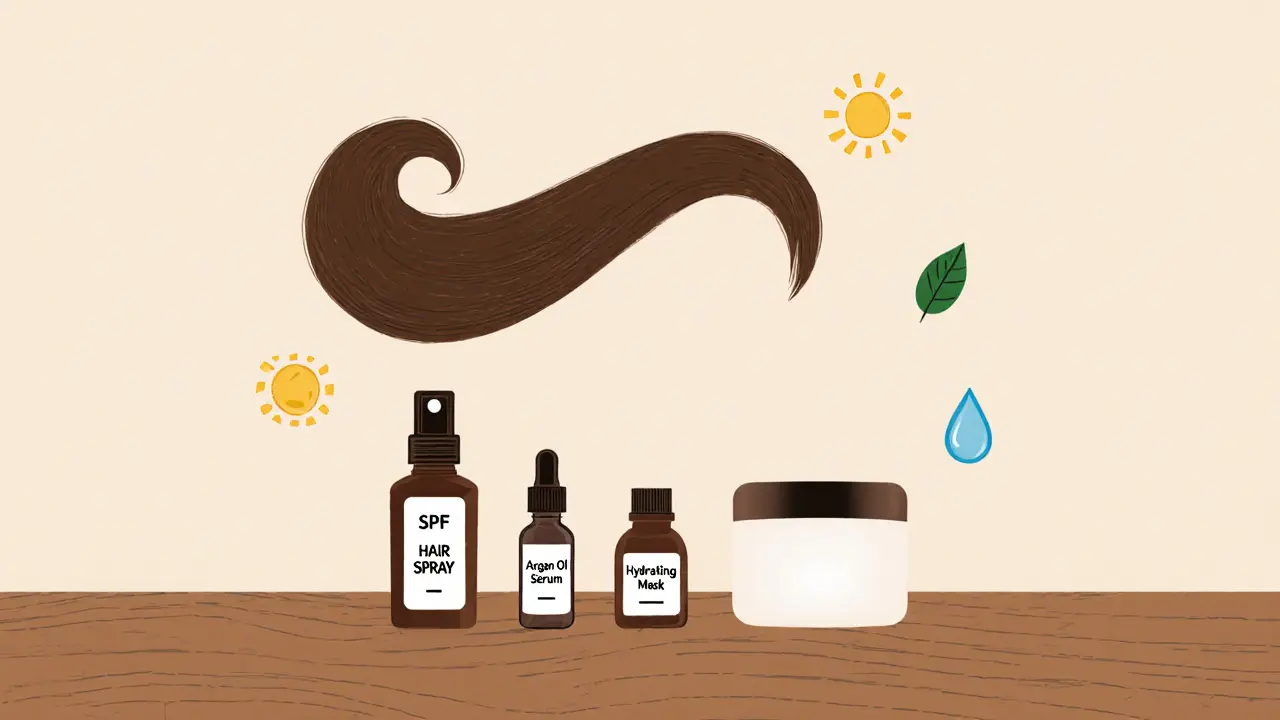 Три миниатюрные бутылочки с уходовыми средствами для волос: SPF, масло арганы и маска.