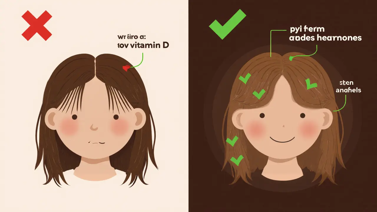 Сравнение истощённой и здоровой кожи головы с ключевыми факторами роста волос.