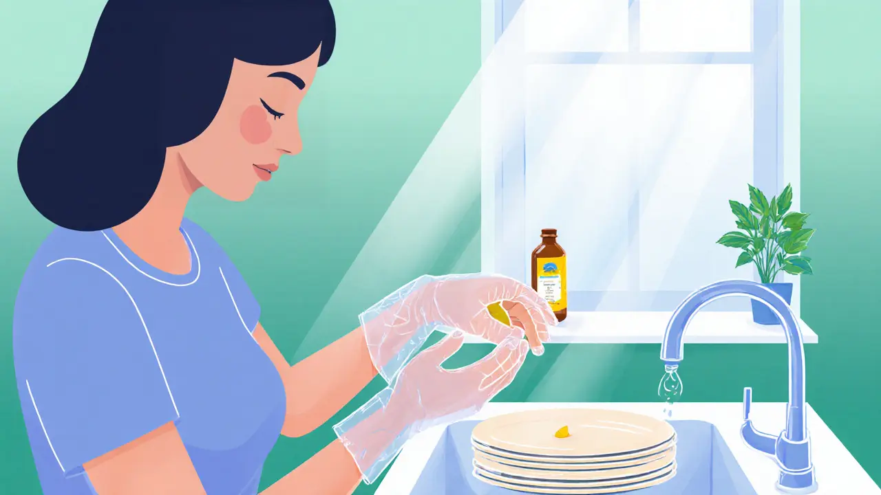 Женщина массирует кутикулу маслом, надев перчатки при мытье посуды