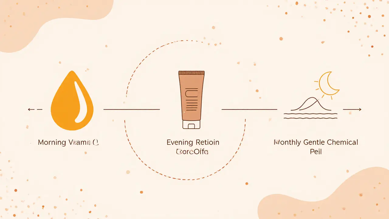 Ежедневный уход: утро — витамин С, вечер — ретинол, раз в месяц — пилинг, всё в виде минималистичных икон.