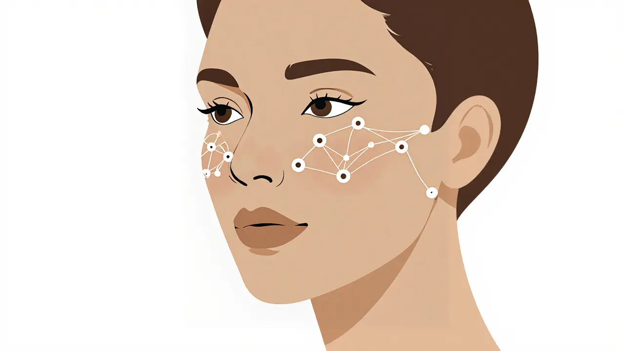 Пять точек инъекции на скуловой зоне, изображённые как геометрические маркеры.