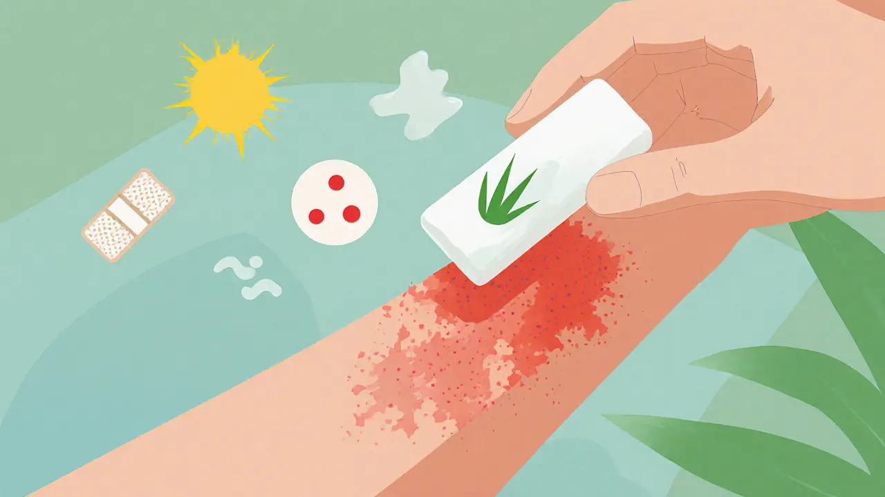 Рука наносит гель на ожог, с символами заживления над кожей