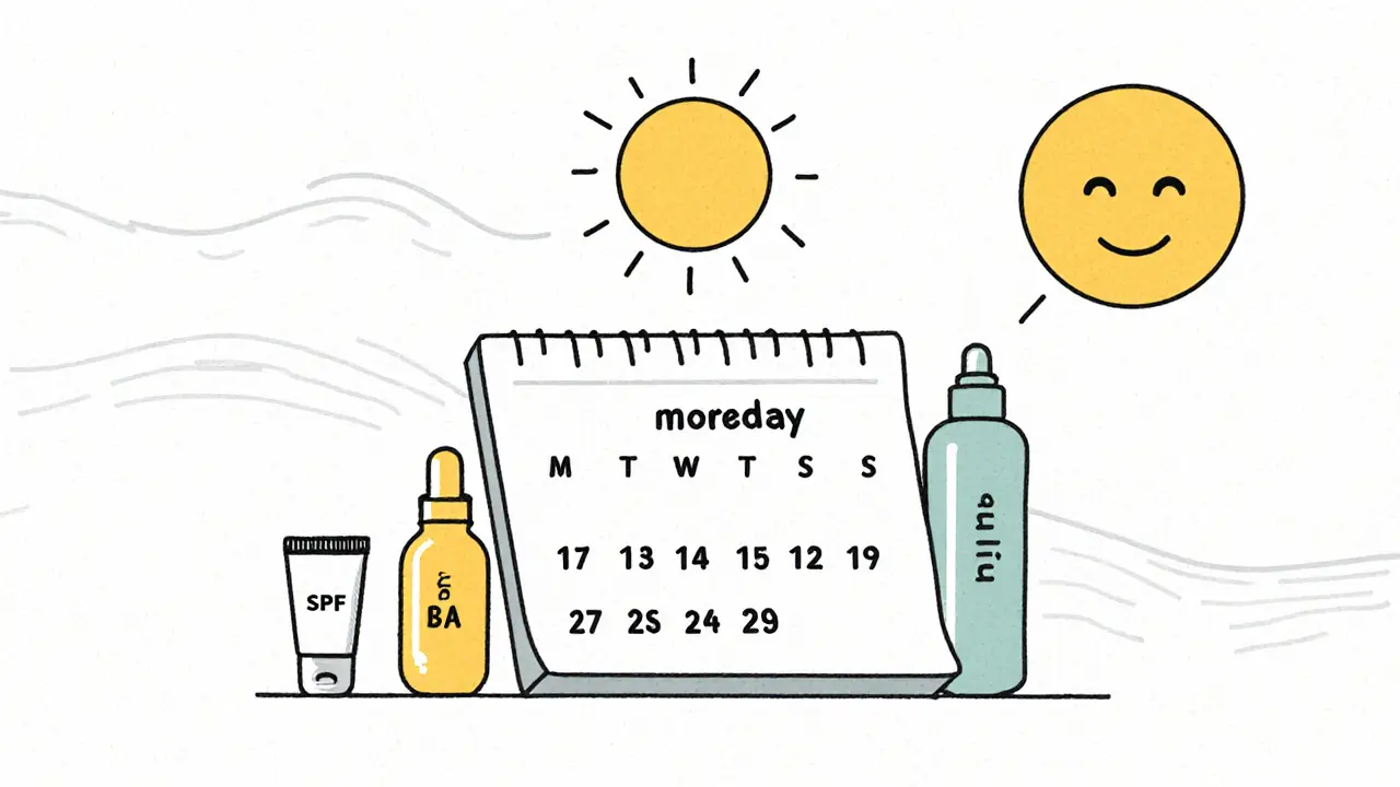 Календарь с днями использования кислот AHA, BHA и PHA, рядом — SPF, мягкий солнечный свет.