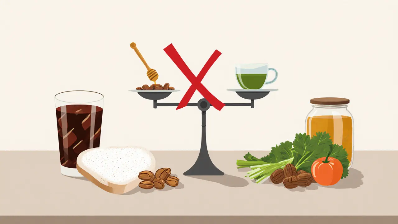 Контраст между вредными сладкими продуктами и здоровой едой на кухонной стойке.