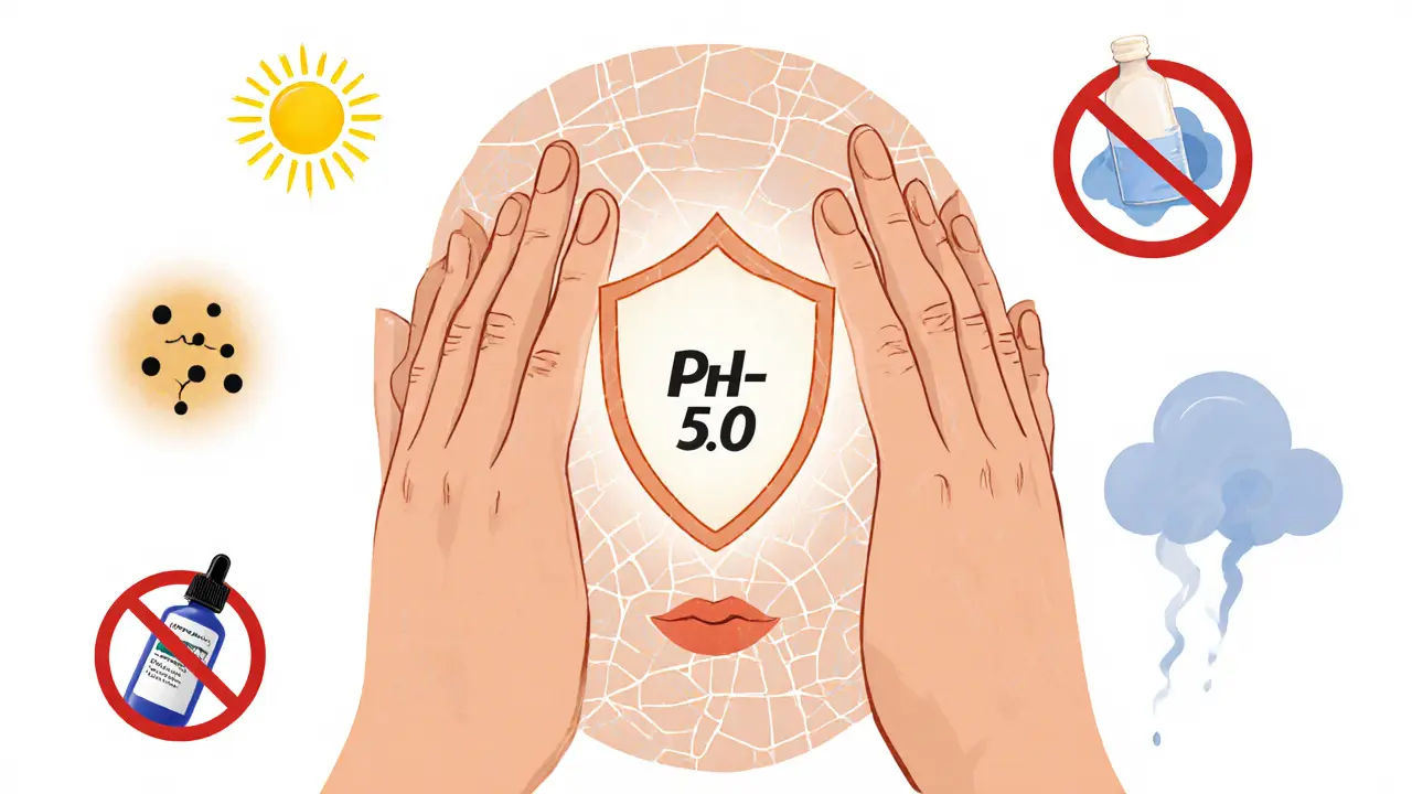 Лицо с хрупкой оболочкой, касающееся мягких пальцев, вокруг — запрещённые элементы ухода.