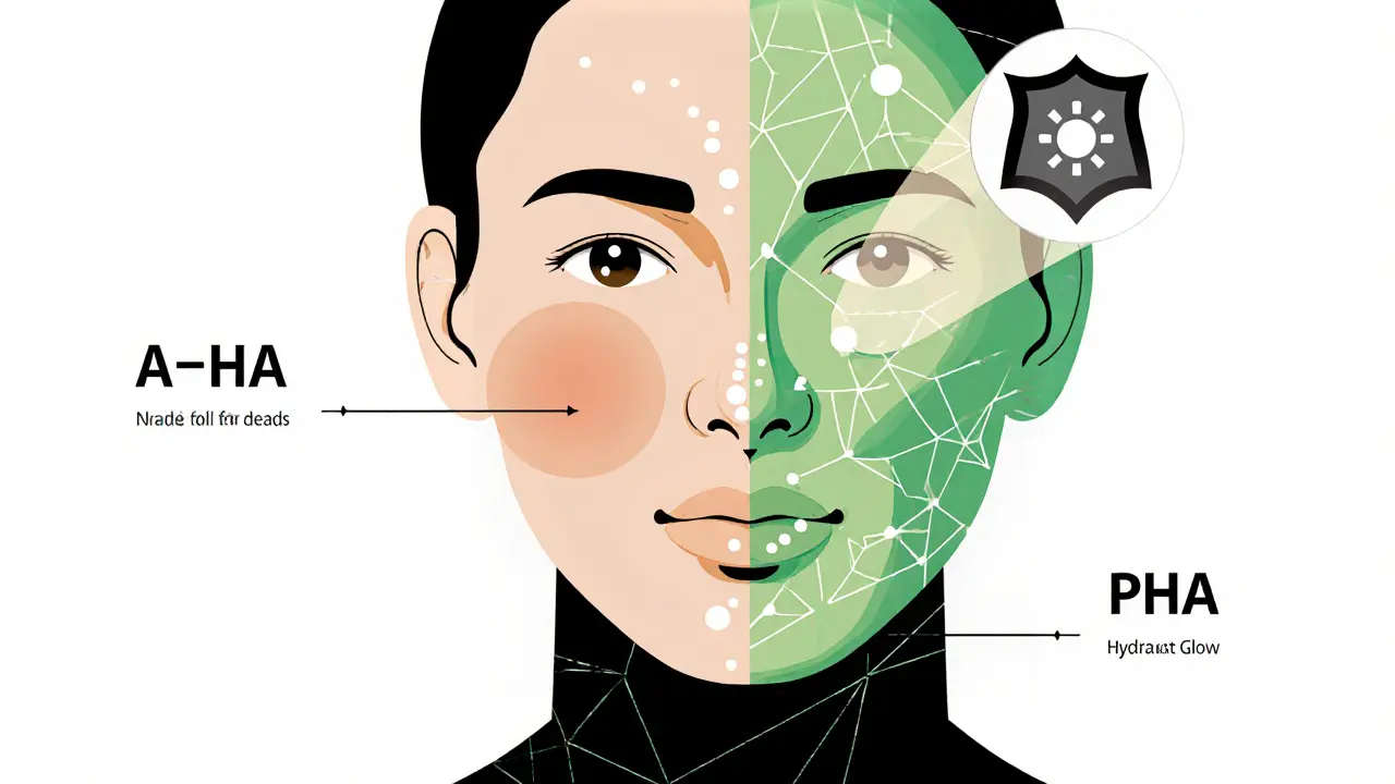 Лицо с тремя зонами ухода: AHA для гладкости, BHA для очищения пор, PHA для увлажнения.