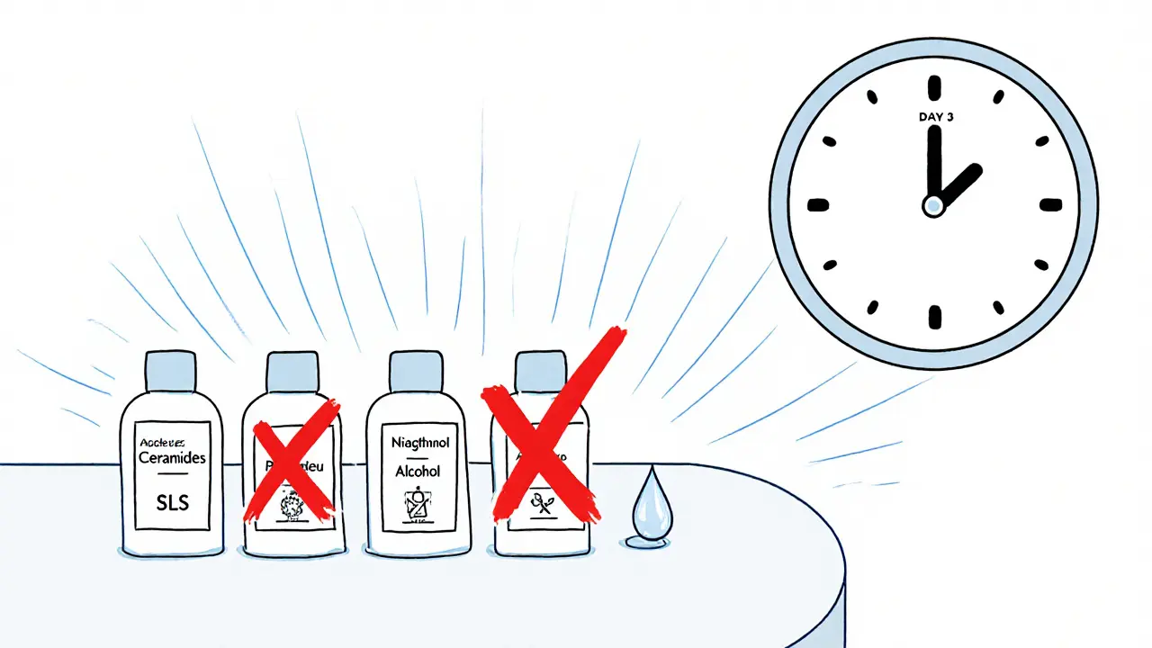 На столе три миниатюрные бутылочки с уходовыми компонентами, рядом запрещённые ингредиенты зачеркнуты.