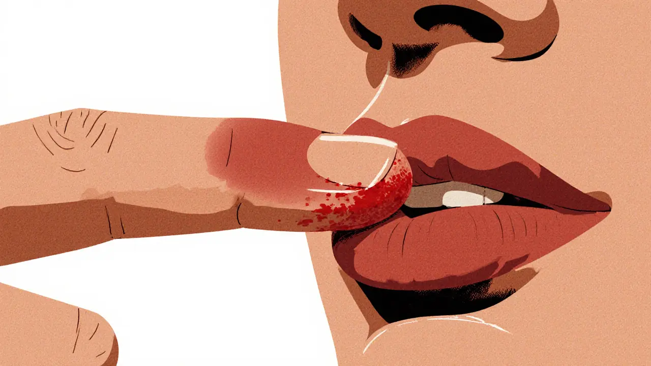 Палец удаляет излишки пигмента с губ, оставляя только устойчивый цвет.