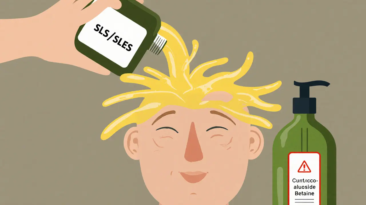 Рука с бутылкой SLS/SLES, разрушающей кожу, рядом — мягкие увлажняющие ингредиенты.