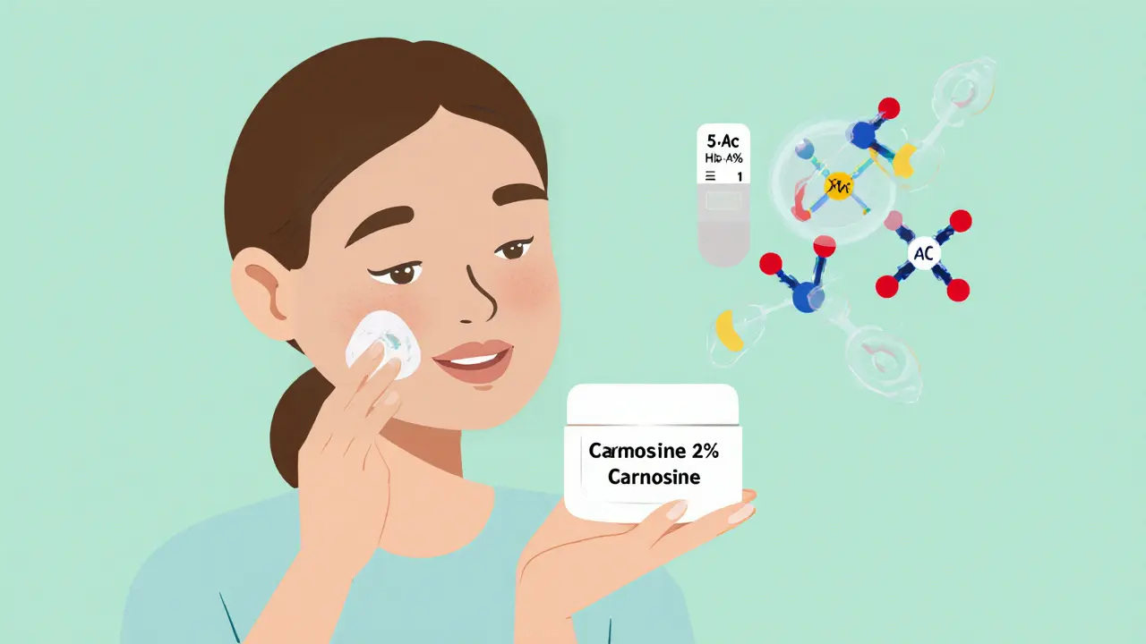 Женщина наносит крем с карнозином, молекулы сахара блокируются, рядом — анализ HbA1c.