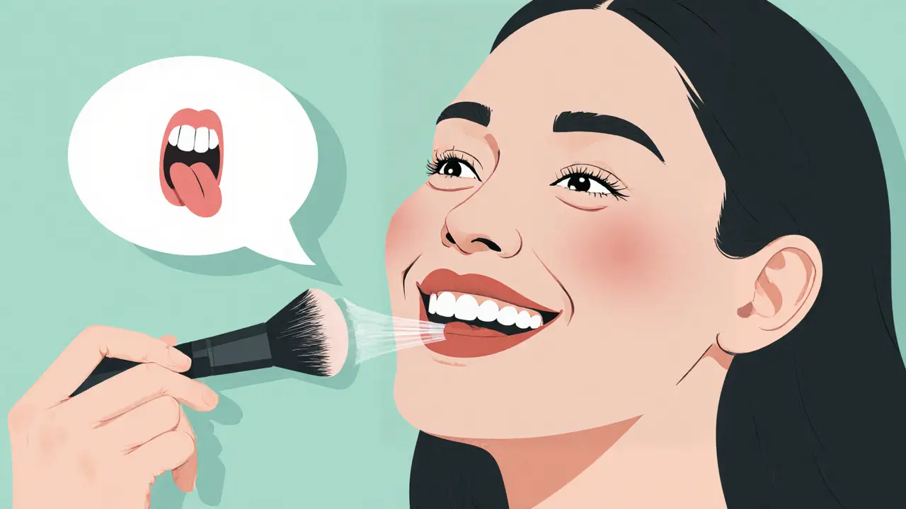 Женщина улыбается без следов помады на зубах, используя язык для быстрой коррекции.