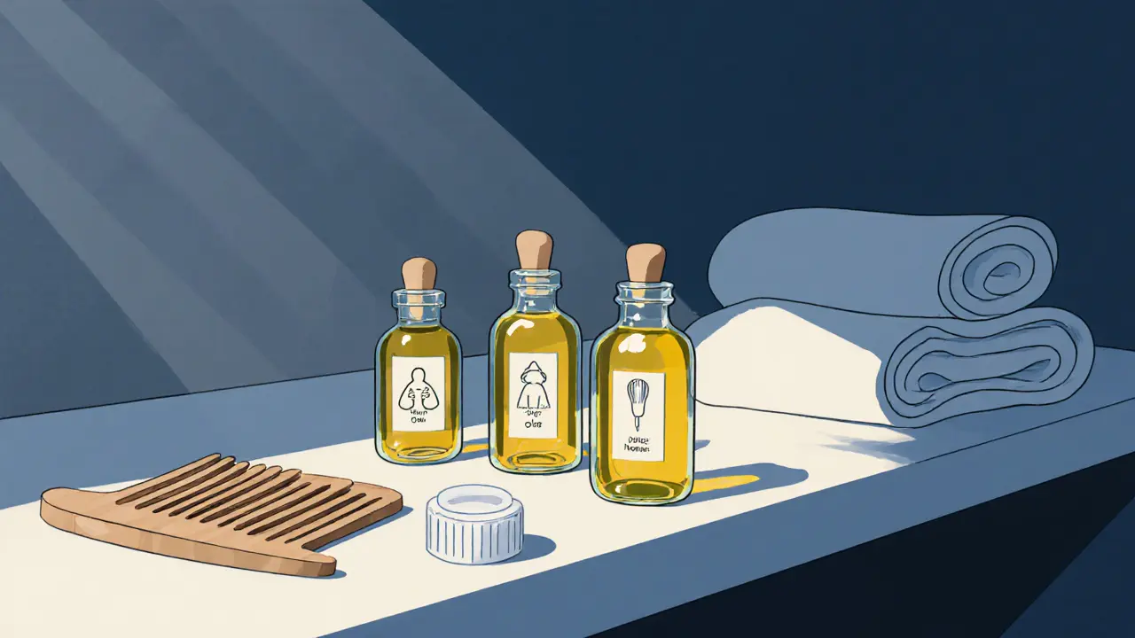 Домашние средства для масляного обертывания: три масла, гребень и полотенце.