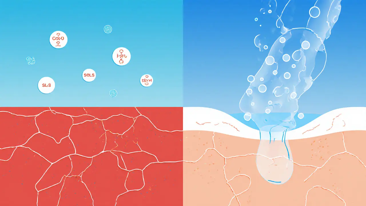 Два пути: сухая кожа с остатками ПАВ и увлажнённая кожа после правильного смывания.