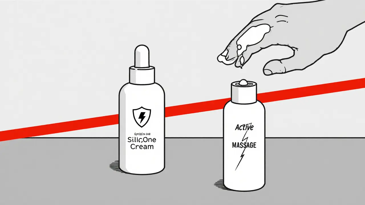 Две косметические бутылки с разными средствами, разделенные барьером, рука с маслом для очищения.