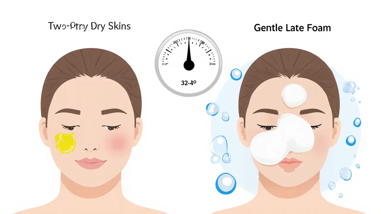 Двухэтапное очищение лица: масло и пенка, с температурой воды 32-34°C.