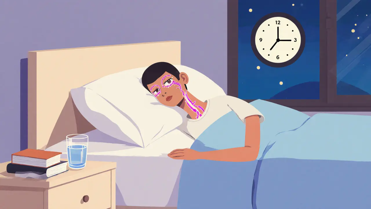 Кровать с приподнятой подушкой, стакан воды, человек спит, лимфатический поток от глаз, время 22:00