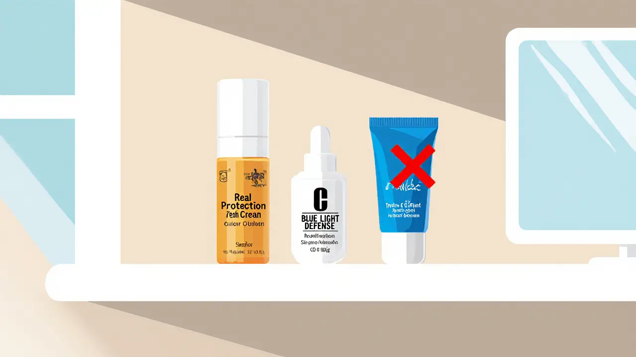 Полка с кремами: реальная защита, витамин С и маркетинговый продукт.