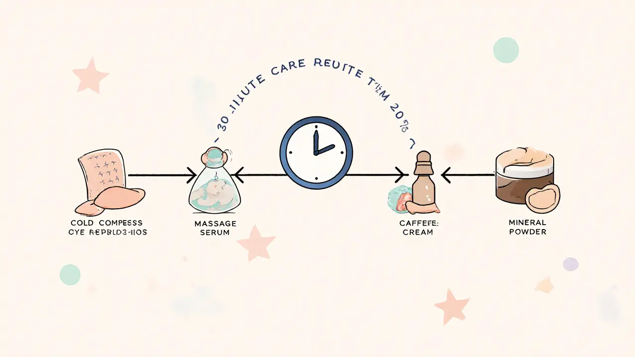 Последовательность из пяти шагов ухода за кожей вокруг глаз за 30 минут.